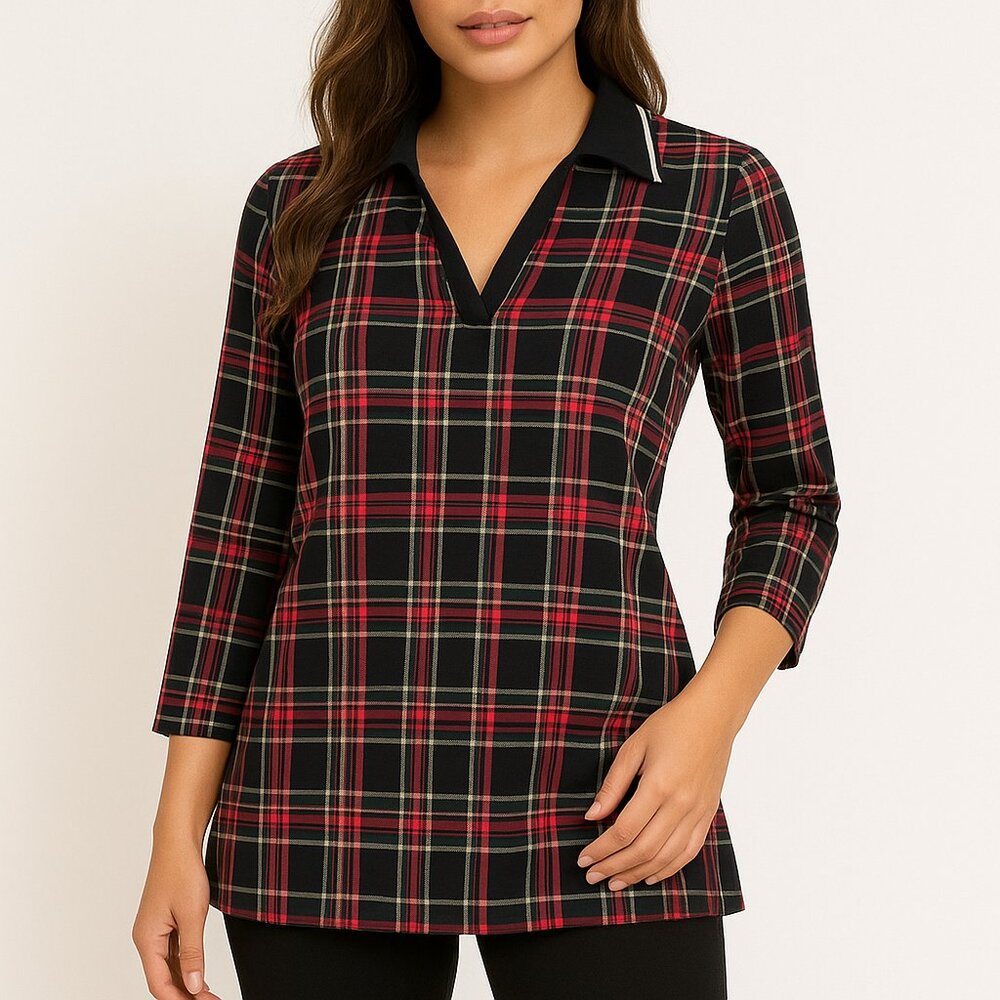 IVY (NWT) Women's Plaid Long Sleeve Polo Shirt - Classic Checkered Print M - Picture 1 of 4